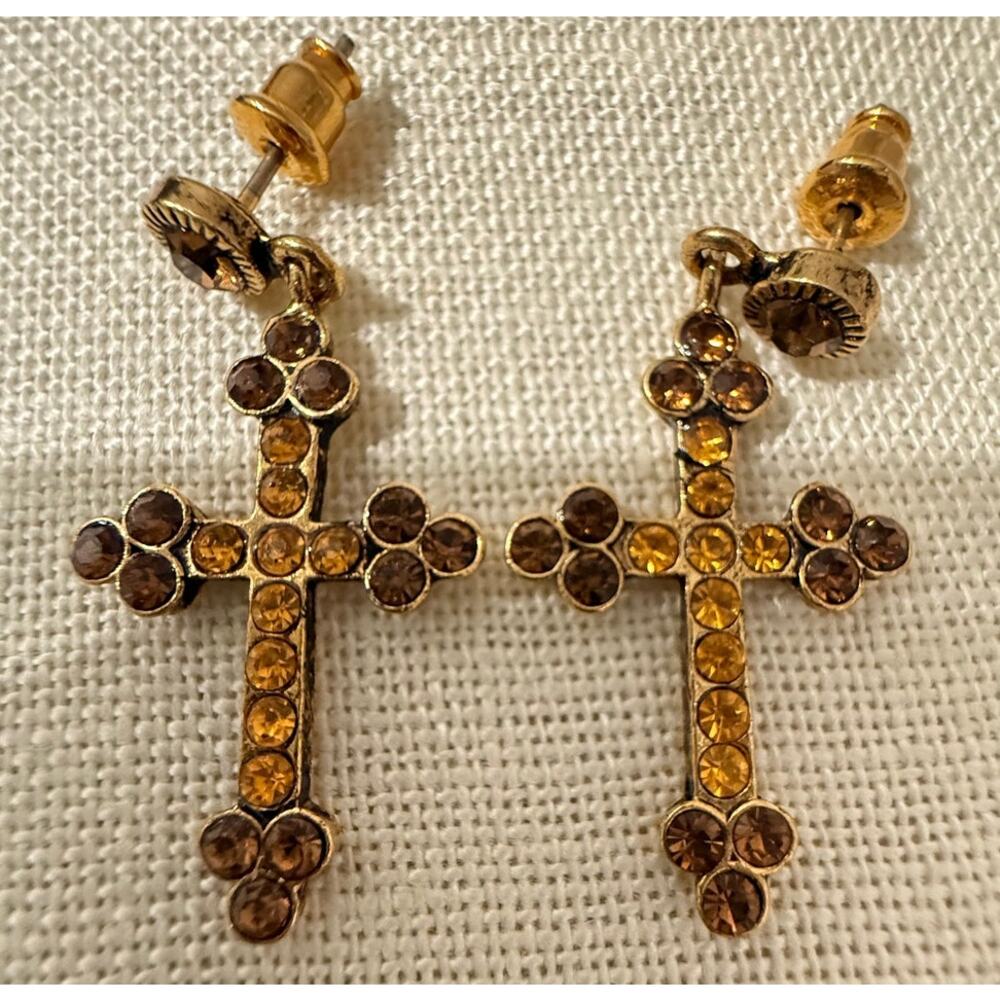 Vintage Gold Tone Cross Post Dangle Earrings Floral Accent